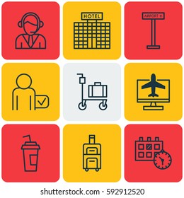 Set Of 9 Transportation Icons. Includes Globetrotter, Internet Ticket, Luggage And Other Symbols. Beautiful Design Elements.