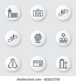 Set Of 9 Transportation Icons. Includes Plastic Card, Escalator Down, Siren And Other Symbols. Beautiful Design Elements.
