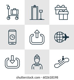 Set Of 9 Transportation Icons. Includes Hostess, Call Duration, Exit And Other Symbols. Beautiful Design Elements.