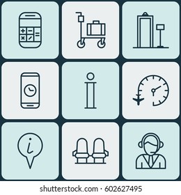 Set Of 9 Transportation Icons. Includes Call Duration, Operator, Security Scanner And Other Symbols. Beautiful Design Elements.