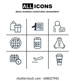 Set Of 9 Transportation Icons. Includes Globetrotter, Timetable, Shopping And Other Symbols. Beautiful Design Elements.