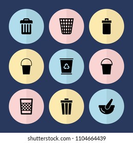 Set of 9 trash filled icons such as trash bin, bucket