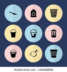 Set of 9 trash filled icons such as bucket, dustpan, trash bag, trash bin