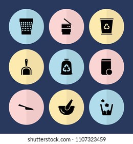 Set of 9 trash filled icons such as dustpan, trash bin, bucket, recycle bin