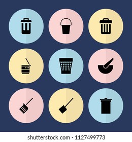 Set of 9 trash filled icons such as dustpan, trash bin, bin