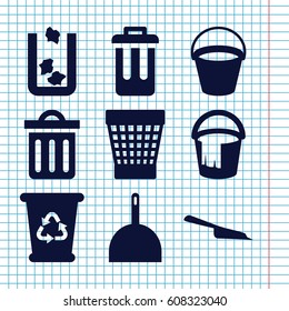 Set of 9 trash filled icons such as bucket, trash bin, dustpan