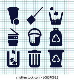 Set of 9 trash filled icons such as trash bin, dustpan, recycle bin, bucket