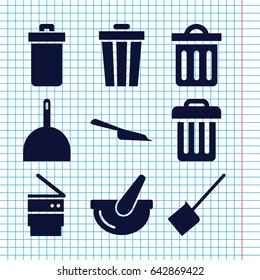 Set of 9 trash filled icons such as trash bin, dustpan, bucket