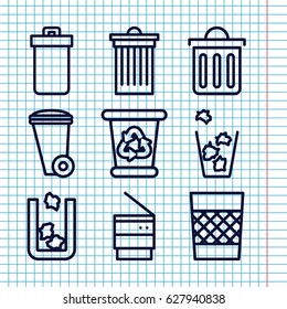Set of 9 trash outline icons such as trash bin, recycle bin