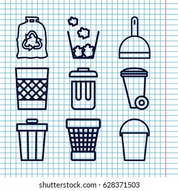 Set of 9 trash outline icons such as dustpan, trash bin, trash bag, bucket