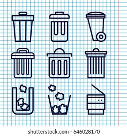 Set of 9 trashcan outline icons such as trash bin, delete trash bin