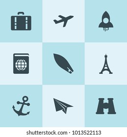 Set of 9 travel filled icons such as rocket, paper plane, airplane, boat, binoculars, anchor, passport, briefcase