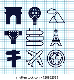 Set of 9 travel filled and outline icons such as arc de triomphe, road, direction   isolated, eiffel tower, mountain, plane, direction, planet