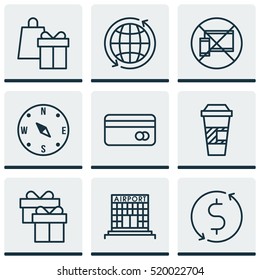 Set Of 9 Travel Icons. Can Be Used For Web, Mobile, UI And Infographic Design. Includes Elements Such As No, Map, Credit And More.