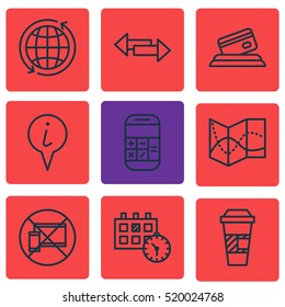 Set Of 9 Travel Icons. Can Be Used For Web, Mobile, UI And Infographic Design. Includes Elements Such As Device, Globe, Cup And More.