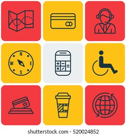 Set Of 9 Travel Icons. Can Be Used For Web, Mobile, UI And Infographic Design. Includes Elements Such As Call, Disabled, Cup And More.