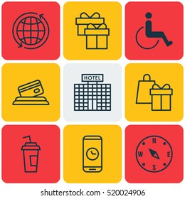 Set Of 9 Travel Icons. Can Be Used For Web, Mobile, UI And Infographic Design. Includes Elements Such As Box, Globe, Drink And More.