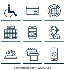 Set Of 9 Travel Icons. Can Be Used For Web, Mobile, UI And Infographic Design. Includes Elements Such As World, Time, Payment And More.