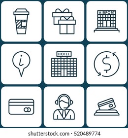 Set Of 9 Travel Icons. Can Be Used For Web, Mobile, UI And Infographic Design. Includes Elements Such As Airport, Center, Box And More.