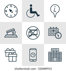 Set Of 9 Travel Icons. Can Be Used For Web, Mobile, UI And Infographic Design. Includes Elements Such As Device, Hotel, Map And More.