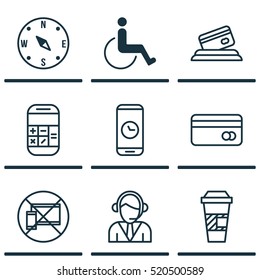 Set Of 9 Travel Icons. Can Be Used For Web, Mobile, UI And Infographic Design. Includes Elements Such As Accessibility, Calculator, Map And More.