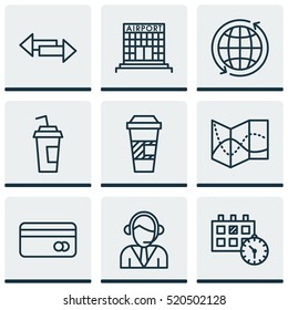 Set Of 9 Travel Icons. Can Be Used For Web, Mobile, UI And Infographic Design. Includes Elements Such As Date, Operator, Direction And More.