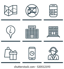 Set Of 9 Travel Icons. Can Be Used For Web, Mobile, UI And Infographic Design. Includes Elements Such As Device, Calculator, Math And More.