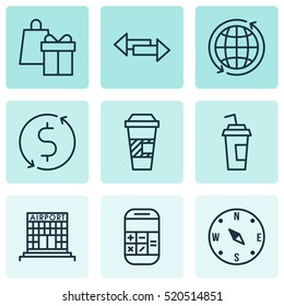 Set Of 9 Travel Icons. Can Be Used For Web, Mobile, UI And Infographic Design. Includes Elements Such As Exchange, Direction, Coffee And More.