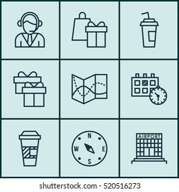 Set Of 9 Travel Icons. Can Be Used For Web, Mobile, UI And Infographic Design. Includes Elements Such As Locate, Appointment, Calendar And More.