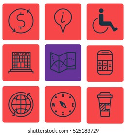 Set Of 9 Travel Icons. Can Be Used For Web, Mobile, UI And Infographic Design. Includes Elements Such As Pointer, Accessibility, Compass And More.