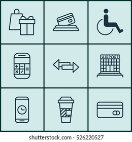 Set Of 9 Travel Icons. Can Be Used For Web, Mobile, UI And Infographic Design. Includes Elements Such As Shopping, Construction, Disabled And More.