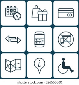 Set Of 9 Travel Icons. Can Be Used For Web, Mobile, UI And Infographic Design. Includes Elements Such As Mobile, Disabled, Gift And More.