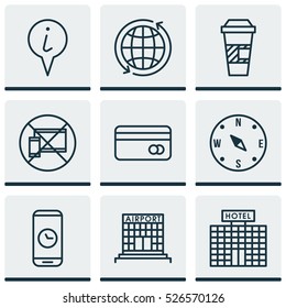 Set Of 9 Travel Icons. Can Be Used For Web, Mobile, UI And Infographic Design. Includes Elements Such As Map, Globe, Building And More.