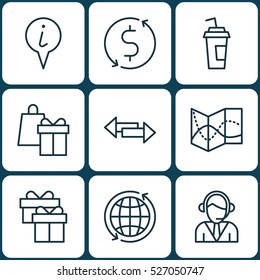 Set Of 9 Travel Icons. Can Be Used For Web, Mobile, UI And Infographic Design. Includes Elements Such As Operator, Shopping, Paper And More.