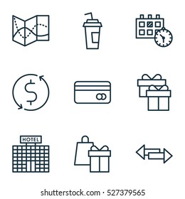 Set Of 9 Travel Icons. Can Be Used For Web, Mobile, UI And Infographic Design. Includes Elements Such As Present, Transfer, Paper And More.