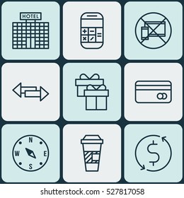 Set Of 9 Travel Icons. Can Be Used For Web, Mobile, UI And Infographic Design. Includes Elements Such As Crossroad, Money Trasnfer, Present And More.