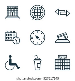 Set Of 9 Travel Icons. Can Be Used For Web, Mobile, UI And Infographic Design. Includes Elements Such As World, Appointment, Crossroad And More.