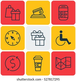 Set Of 9 Travel Icons. Can Be Used For Web, Mobile, UI And Infographic Design. Includes Elements Such As Shopping, Present, Accessibility And More.