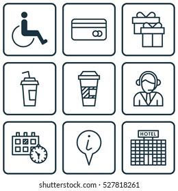 Set Of 9 Travel Icons. Can Be Used For Web, Mobile, UI And Infographic Design. Includes Elements Such As Takeaway Coffee, Info Pointer, Operator And More.