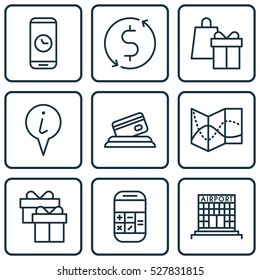 Set Of 9 Travel Icons. Can Be Used For Web, Mobile, UI And Infographic Design. Includes Elements Such As Info Pointer, Money Trasnfer, Airfield Manufacture And More.