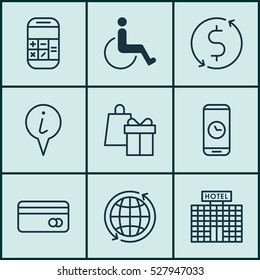 Set Of 9 Travel Icons. Can Be Used For Web, Mobile, UI And Infographic Design. Includes Elements Such As World, Shopping, Resort Development And More.
