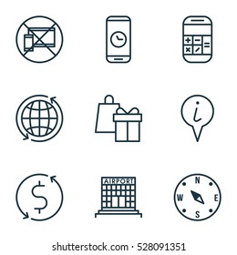 Set Of 9 Travel Icons. Can Be Used For Web, Mobile, UI And Infographic Design. Includes Elements Such As Money Trasnfer, Locate, Info Pointer And More.