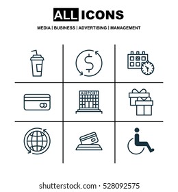 Set Of 9 Travel Icons. Can Be Used For Web, Mobile, UI And Infographic Design. Includes Elements Such As Credit Card, World, Appointment And More.