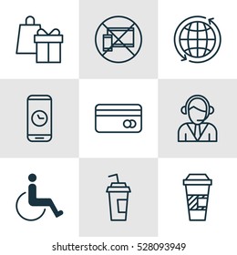 Set Of 9 Travel Icons. Can Be Used For Web, Mobile, UI And Infographic Design. Includes Elements Such As Accessibility, Takeaway Coffee, Forbidden Mobile And More.
