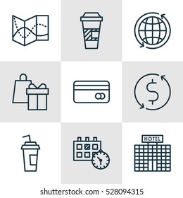 Set Of 9 Travel Icons. Can Be Used For Web, Mobile, UI And Infographic Design. Includes Elements Such As Plastic Card, Takeaway Coffee, Resort Development And More.