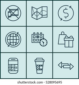 Set Of 9 Travel Icons. Can Be Used For Web, Mobile, UI And Infographic Design. Includes Elements Such As Appointment, Takeaway Coffee, Money Trasnfer And More.