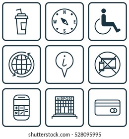 Set Of 9 Travel Icons. Can Be Used For Web, Mobile, UI And Infographic Design. Includes Elements Such As Info Pointer, World, Locate And More.