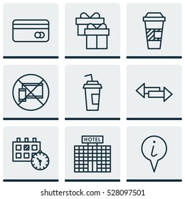 Set Of 9 Travel Icons. Can Be Used For Web, Mobile, UI And Infographic Design. Includes Elements Such As Present, Resort Development, Drink Cup And More.