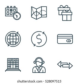 Set Of 9 Travel Icons. Can Be Used For Web, Mobile, UI And Infographic Design. Includes Elements Such As Plastic Card, Appointment, Operator And More.