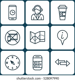 Set Of 9 Travel Icons. Can Be Used For Web, Mobile, UI And Infographic Design. Includes Elements Such As Road Map, Locate, Operator And More.